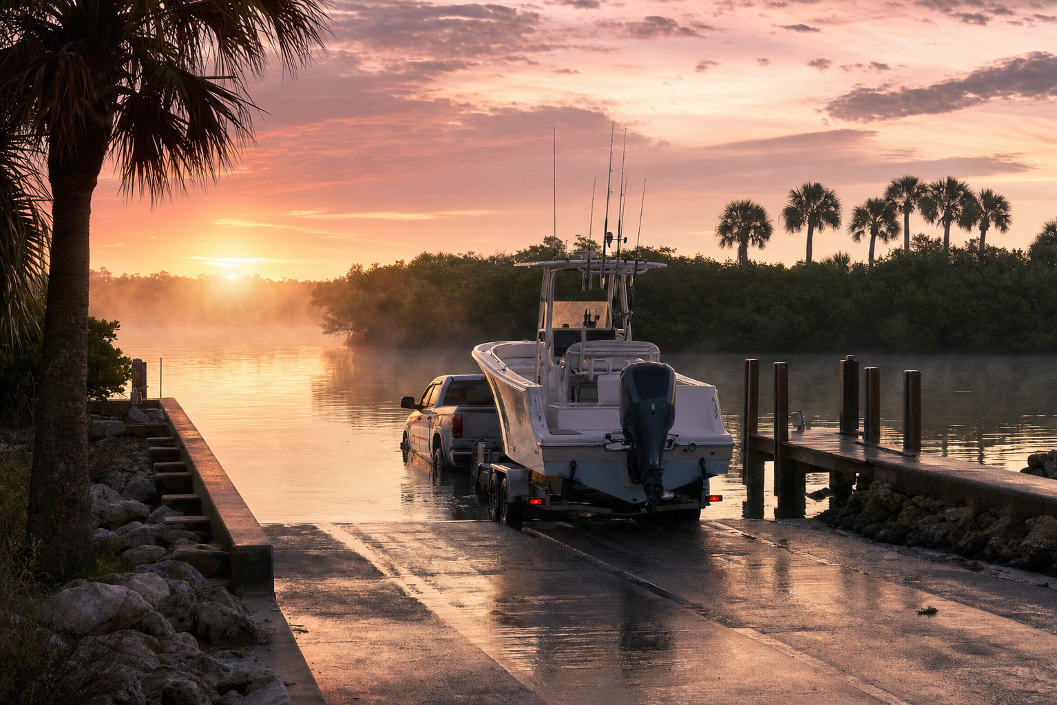 A boat launching at a Florida ramp at sunrise
